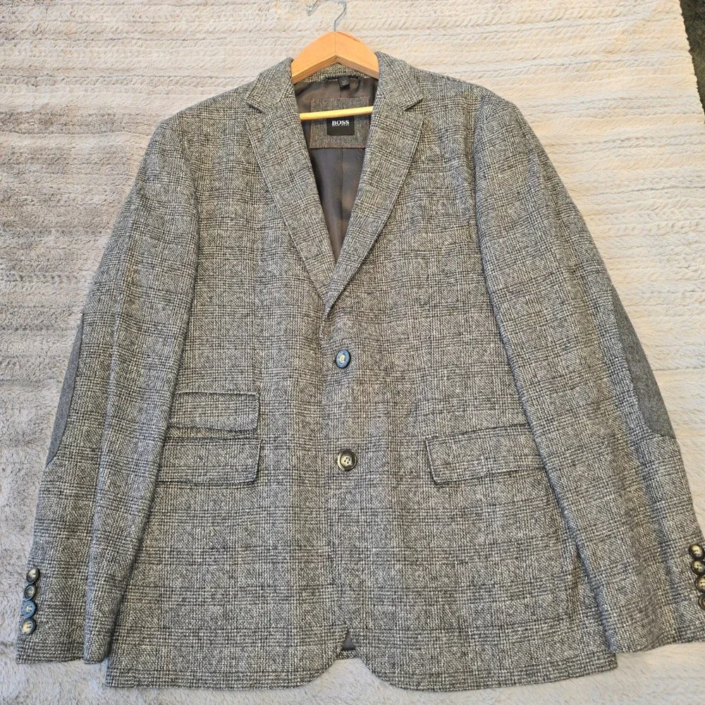 Hugo Boss Coastu Grey Glen Check Wool Silk Sport Coat Blazer Elbow‎ Patches 40R